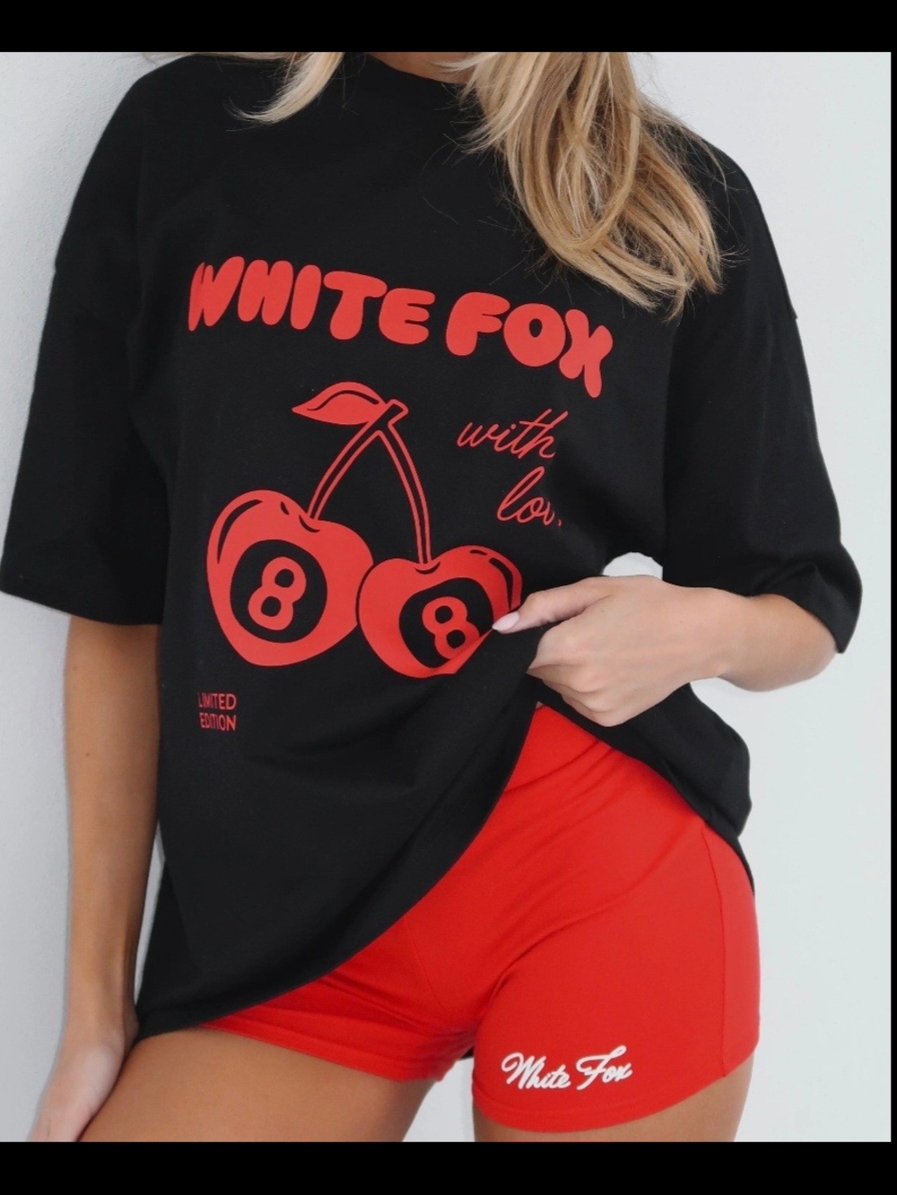 White Fox Boutique Black Tee An Red Biker Shorts